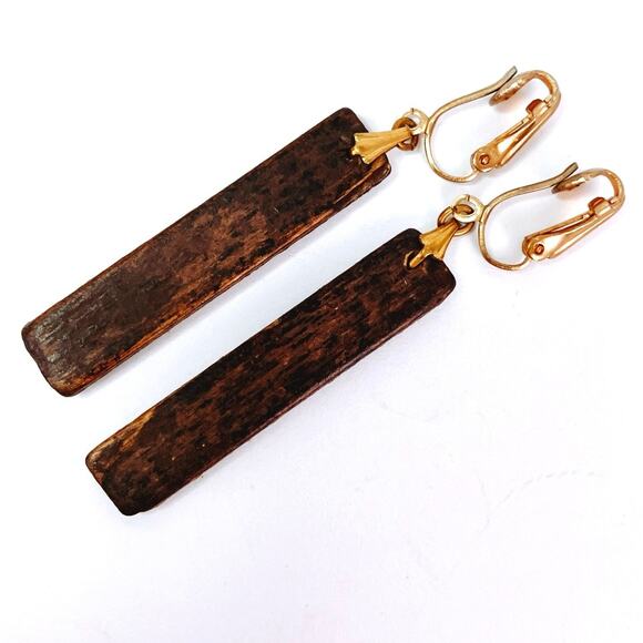 VTG 60s Wood Gold Tone Clip On Dangle Earrings Mid Century Modernist Minimalist - Picture 7 of 9